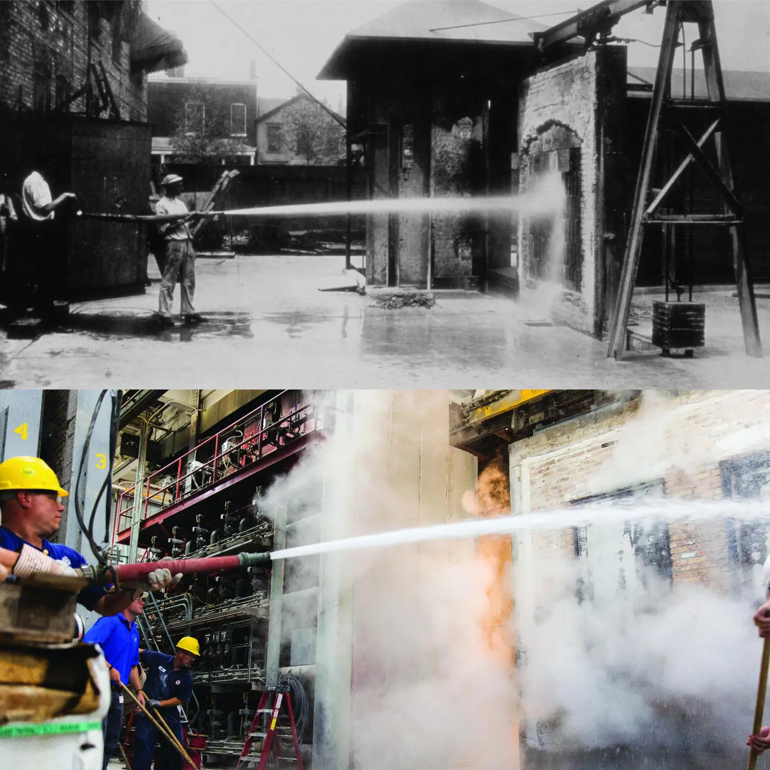 Two images: The top is a black-and-white photo of firefighters spraying water on a burning building. The bottom is a modern color photo of firefighters in yellow helmets extinguishing a fire inside an industrial setting.